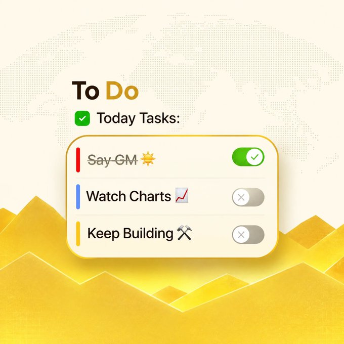 The image shows a yellow-themed "To Do" list titled "Today Tasks" with three items: "Say GM" (checked off with a green toggle), "Watch Charts 📈" (unchecked), and "Keep Building ⚒️" (unchecked). The accompanying post "IT'S TIME TO _______" pairs perfectly with this image, suggesting the completion of remaining unchecked tasks — likely "KEEP BUILDING" given the crypto/on-chain community context of saying "GM" and watching charts.