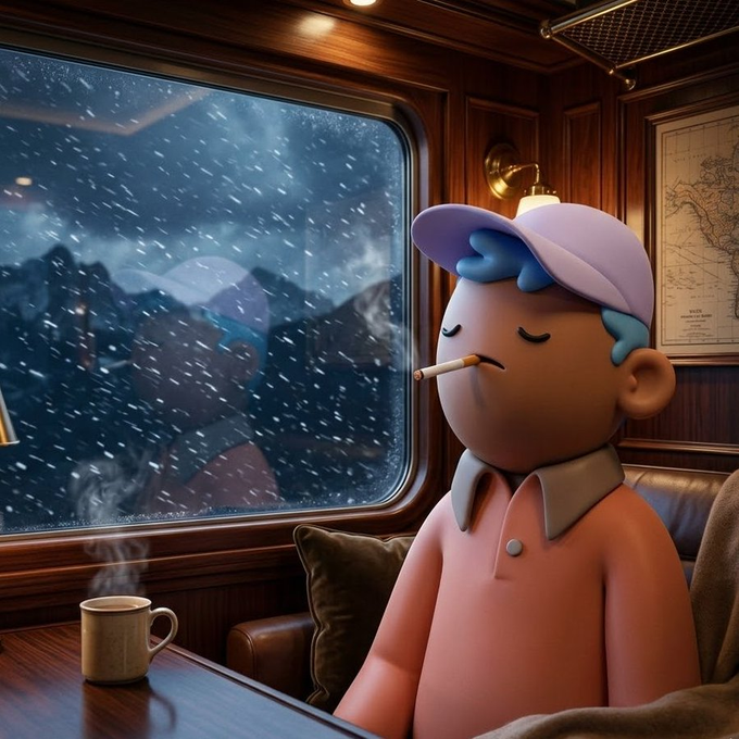 A stylized 3D illustration of a cartoon character smoking a cigarette while sitting in a train cabin, looking out the window at a snowy landscape with coffee on the table.