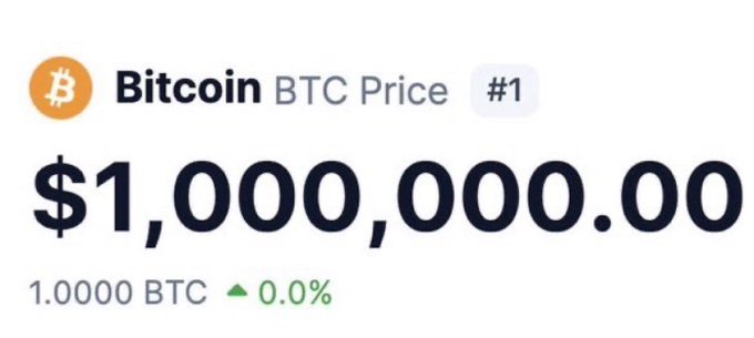 A price display for Bitcoin (BTC) showing a value of $1,000,000.00 with a 0.0% change, ranked #1.