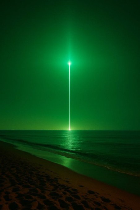 A nighttime photograph of a beach scene featuring a bright green vertical beam of light shining down onto the ocean horizon, casting a green glow on the water and sand.