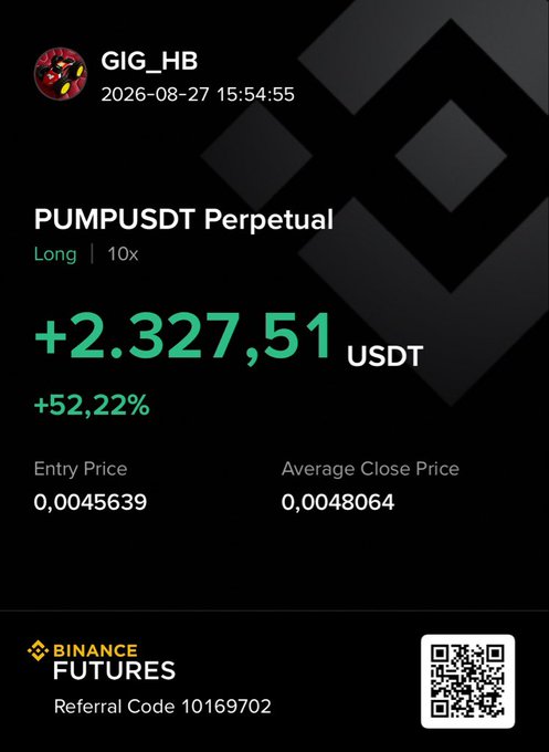 A Binance Futures trading screenshot showing a PUMPUSDT Perpetual long position at 10x leverage, with a profit of +2,327.51 USDT (+52.22%), showing entry price 0.0045639 and average close price 0.0048064, by user GIG_HB.