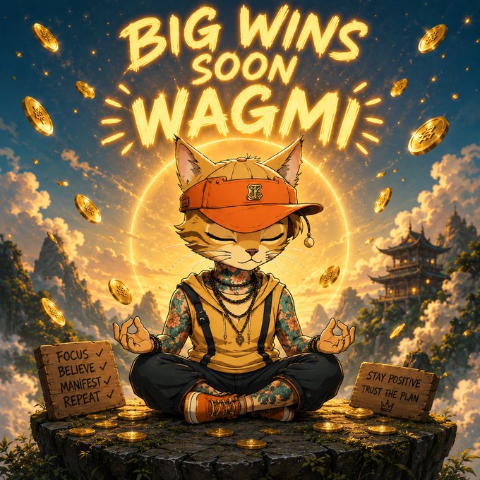 A digital illustration of an anthropomorphic cat in a meditation pose wearing a cap, surrounded by gold coins, with the text 'BIG WINS SOON WAGMI' and motivational signs reading 'FOCUS BELIEVE MANIFEST REPEAT' and 'STAY POSITIVE TRUST THE PLAN'.