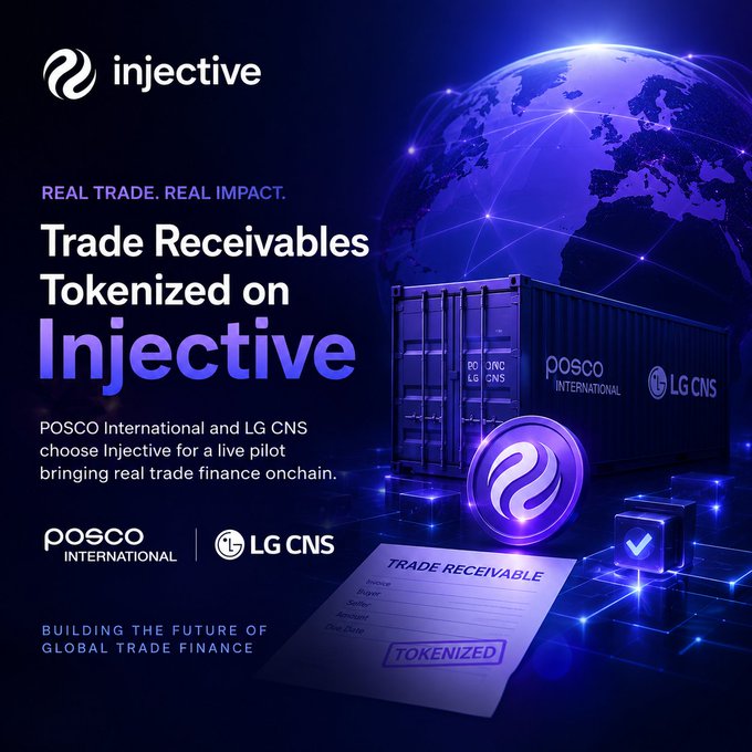 Injective blockchain promotional graphic announcing that POSCO International and LG CNS chose Injective for tokenizing trade receivables, featuring shipping containers, a globe, and an Injective coin.