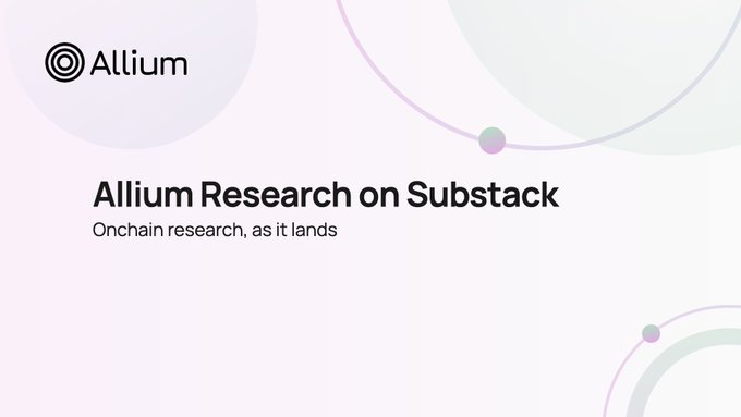 A clean promotional graphic with the Allium logo and text reading 'Allium Research on Substack' and 'Onchain research, as it lands' on a light pastel background with circular design elements.
