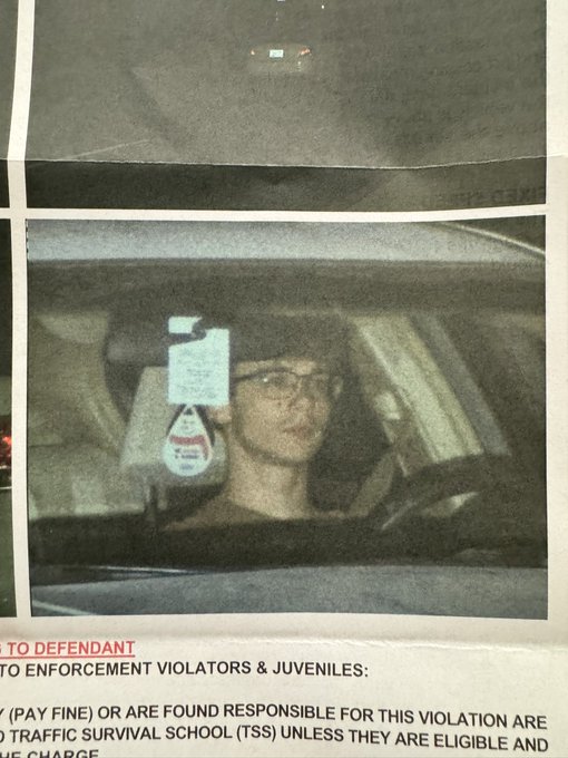 A photograph of a newspaper page showing a woman wearing glasses sitting in a car, with a parking ticket visible on the windshield and a partially visible notice mentioning "TRAFFIC SURVIVAL SCHOOL (TSS)" for traffic violators; the post's "mogging" comment appears unrelated, likely jokingly referencing the woman's appearance in the photo.
