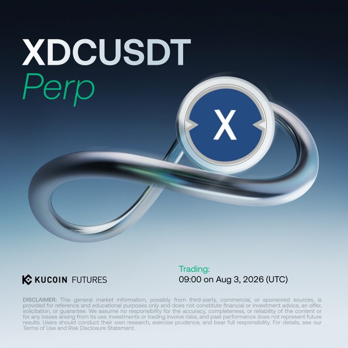 A KuCoin Futures announcement for XDCUSDT Perp trading, listing the launch time as 09:00 on Aug 3, 2026 (UTC), featuring a metallic 3D infinity logo with an X symbol.