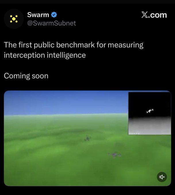 Tweet from Swarm (@SwarmSubnet) on X.com announcing 'The first public benchmark for measuring interception intelligence - Coming soon' with a video thumbnail showing an aircraft.