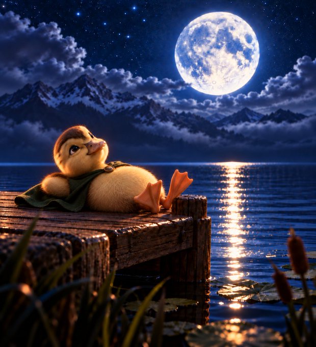 A 3D-rendered baby duck wearing a green scarf rests on a wooden dock under a large full moon, with its reflection shimmering on the lake and snow-capped mountains in the background.