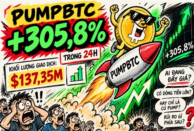 Meme-style graphic with 'PUMPBTC +305,8% TRONG 24H', trading volume $137,35M, a coin mascot on a rocket, and panicked cartoon people with Vietnamese text bubbles asking about the rally.