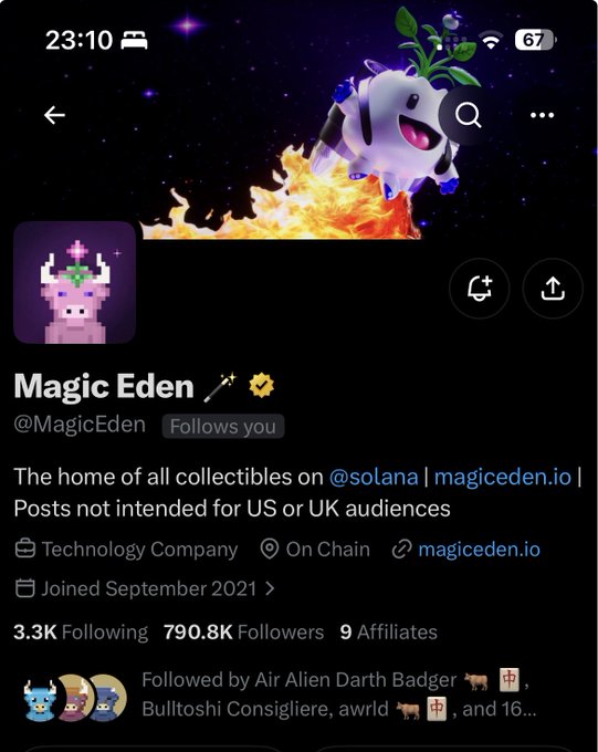A Twitter/X profile for 'Magic Eden' (@MagicEden), described as 'The home of all collectibles on @solana | magicden.io,' shows 790.8K followers with a pixel art avatar and header featuring a ghost-like character.