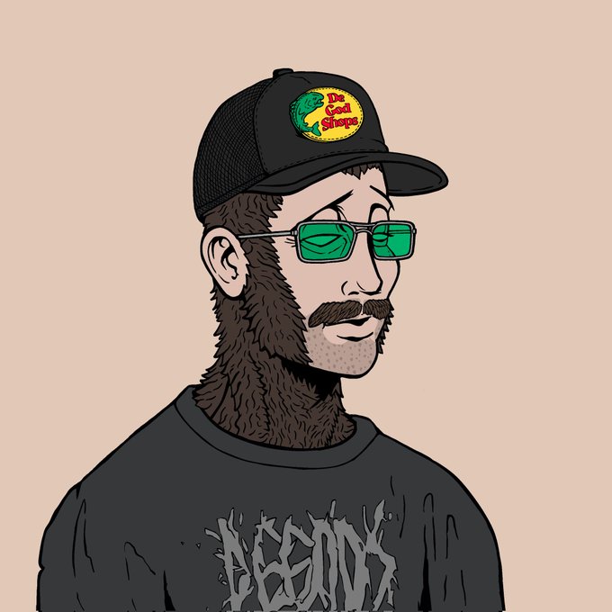 A cartoon-style illustration depicts a bearded man wearing a black trucker hat with a "Die Cool Since" logo, green-tinted sunglasses, and a black graphic t-shirt, looking to the side. The image likely serves as a stylized avatar for "theofficialn," a profile linked in the post about battle-tested DeGods communities.
