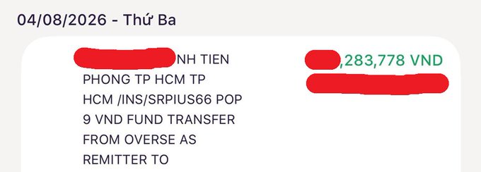 A bank transaction notification dated 04/08/2026 (Thứ Ba) showing a transfer of 1,283,778 VND to PHONG TP HCM TP, described as a VND fund transfer from overseas as remitter.