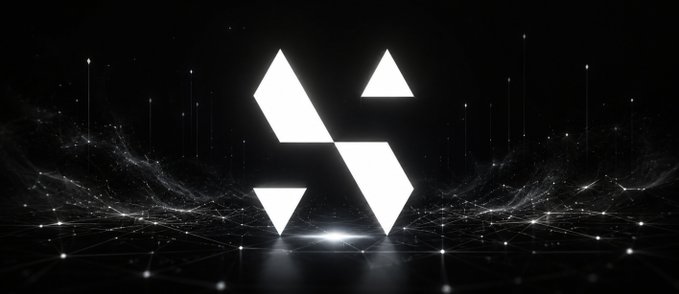 A 3D geometric logo composed of white shapes floating above a network of illuminated particles on a dark background.
