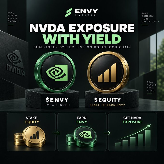 Promotional graphic for ENVY Capital advertising 'NVDA EXPOSURE WITH YIELD' via a dual-token system on Robinhood Chain, featuring $ENVY (NVDA-linked) and $EQUITY tokens, with a three-step flow: Stake Equity → Earn Envy → Get NVDA Exposure.