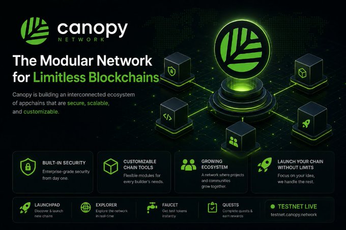 The image features a poster for Canopy Network that highlights their modular network approach to blockchain development. The poster showcases a green circle with a leaf design at its center, surrounded by six cubes representing different aspects of the network. Each cube contains text related to the network's capabilities and features. The post emphasizes the simplicity and flexibility offered by Canopy Network's approach compared to traditional centralized blockchains. It also mentions that users can explore the test net today and one thing is clear: Canopy isn't just launching chains; it's simplifying blockchain creation with a focus on innovation rather than infrastructure.