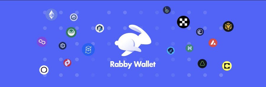 A promotional graphic for 'Rabby Wallet' featuring a white rabbit logo in the center, surrounded by various cryptocurrency and blockchain icons on a blue background.