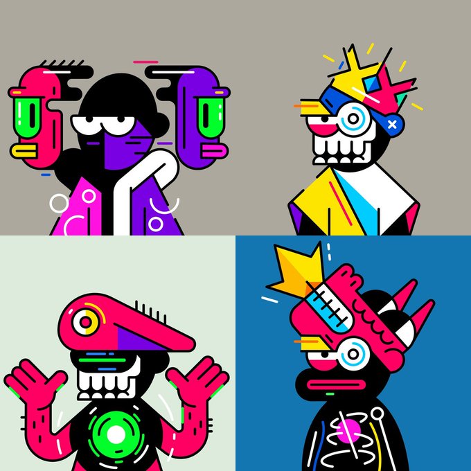 Four colorful, stylized cartoon illustrations of abstract character faces in a graffiti-inspired art style, arranged in a 2x2 grid against gray, green, and blue backgrounds.