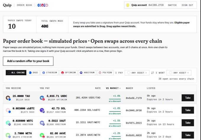 A Quip paper order book website showing simulated swap prices across multiple chains, with offers listed for trading pairs like TAO/USDC, cbBTC/SOL, WBTC/XAUT, and METH/AAVE.