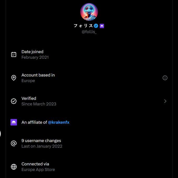 A Twitter/X profile page for "フォリス @follis_" with a custom PFP, showing "Date joined: February 2021", "Account based in: Europe", "Verified: Since March 2023", and "An affiliate of @krakenfx".