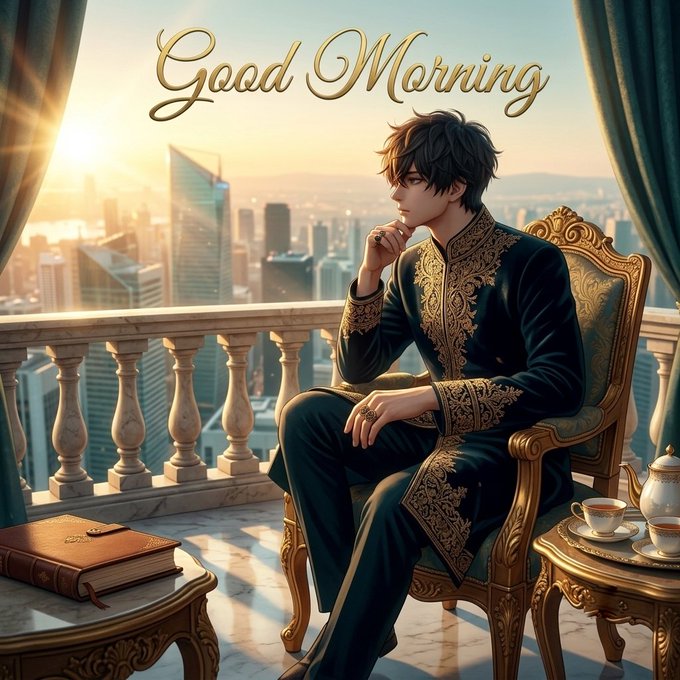 An anime-style illustration of a young man in an ornate dark robe sitting on a balcony overlooking a cityscape, with 'Good Morning' written in elegant gold script above him.