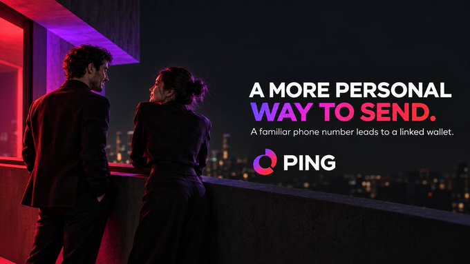 An advertisement for the PING app shows a man and woman looking at each other on a balcony with a city skyline, featuring the text 'A MORE PERSONAL WAY TO SEND. A familiar phone number leads to a linked wallet.'