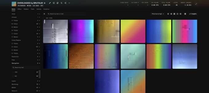 Screenshot of the OVERLOADED by BRUTALIST NFT collection page on a marketplace, showing various colorful, glitch-style artwork tiles with attributes like color regions and eye types listed on the left.