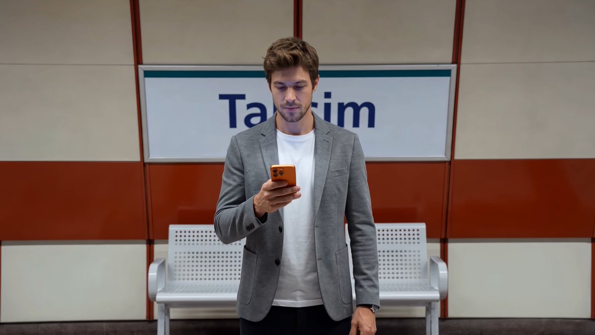 A businessman stands in front of a "Taksim" station sign, checking his orange-cased phone—likely engaging with Bloki, the AI assistant that lets users effortlessly execute crypto trades via voice or text commands. The image captures the convenience of managing cryptocurrency transactions on the go in everyday urban settings.
