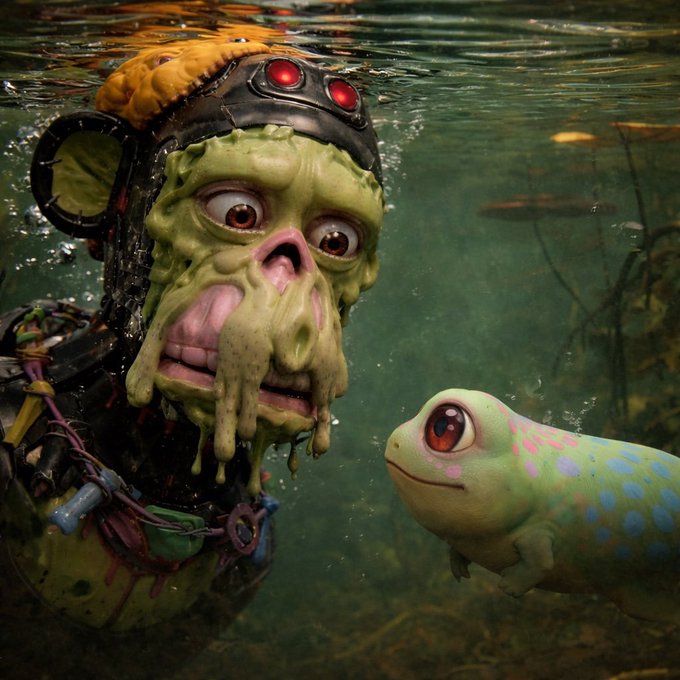 A 3D-rendered underwater scene showing a grotesque green zombie-like creature in diving gear facing a cute colorful axolotl-like creature with large red eyes.