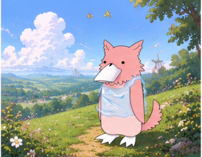 An anime-style illustration of a pink fox-like creature wearing a white tank top, standing in a green meadow with a windmill in the background.