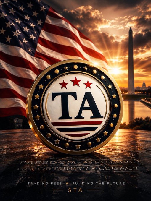 A promotional graphic featuring a gold and navy emblem with 'TA' and three stars, set against an American flag and the Washington Monument at sunset, with text reading 'FREEDOM FUTURE OPPORTUNITY LEGACY' and 'TRADING FEES FUNDING THE FUTURE'.