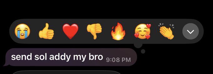 A messaging app screenshot shows a reaction bar opened above a message reading "send sol addy my bro" sent at 9:08 PM, with the accompanying post explaining how a friend's help enabled timely payment in Solana for a creator gig while recovering health. The image illustrates the post's point about how strong friendships (and sharing a SOL wallet address) are essential in the web3 space.