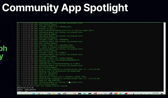 A screenshot titled 'Community App Spotlight' showing a terminal window with logs about mining memory blocks and validating memois, including text like 'Base blockchain memois', 'CMU-PROCESS', and 'Fetch commit interval reached'.