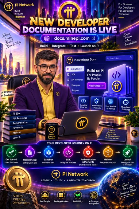 A promotional graphic announces "NEW DEVELOPER DOCUMENTATION IS LIVE" for the Pi Network, featuring a man in a suit beside a laptop displaying the Pi Developer Docs interface at docs.minepi.com. The image highlights key resources including Pi SDK, API Reference, Authentication, Payments, Mainnet, and Launch, while outlining a 7-step "Developer Journey on Pi" from "Get Started" to "Launch," directly supporting the post's announcement of new developer tools and technical documentation.