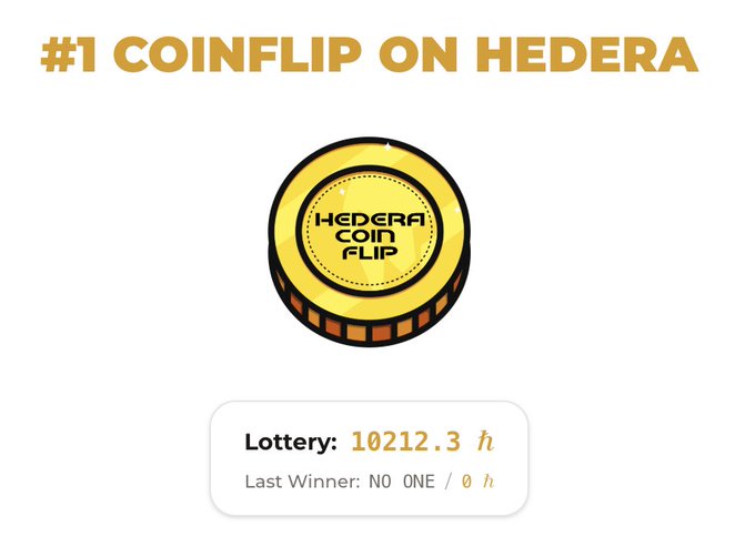 A promotional graphic for 'HEDERA COIN FLIP' on Hedera shows a gold coin illustration with a current lottery pot of 10212.3 ℏ and 'Last Winner: NO ONE / 0 ℏ'.