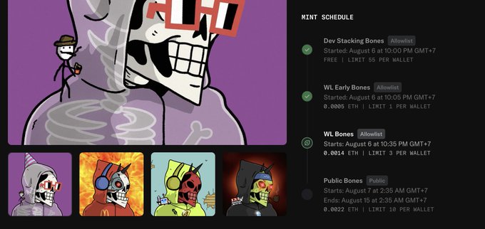 A mint schedule page for an NFT collection featuring skeleton characters, listing phases such as 'Dev Stacking Bones', 'WL Early Bones', 'WL Bones', and 'Public Bones' with corresponding prices in ETH.
