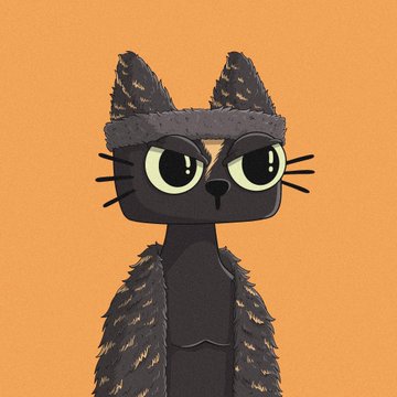 A digital illustration of a black cat character with large green eyes wearing a fuzzy brown beanie and matching textured jacket against an orange background.
