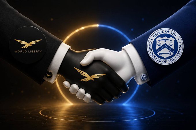 The image shows two men shaking hands over a logo of a bird with wings and a gold circle around its neck. The background features a dark blue color with a yellow circle and a white border. The text "World Liberty" is displayed on one side, while "USD1 has $4.6B in circulation across 6 chains." The image also includes the caption "The team behind it is close to getting official approval from the OCC → the US regulator that oversees national banks".