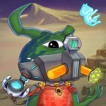 Digital art of a green reptilian creature with a single large eye wearing a futuristic gas mask and tactical gear, holding a glowing green device, with a blue spectral figure floating nearby.