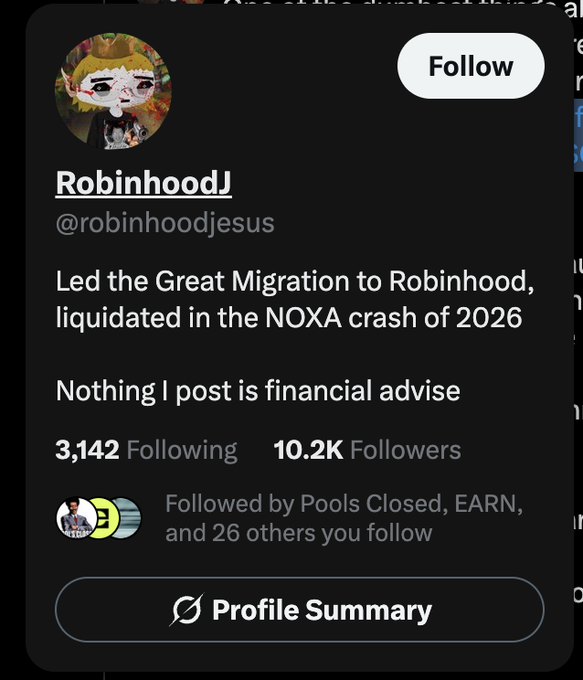 A screenshot of RobinhoodJ's (@robinhoodjesus) Twitter profile showing his bio claims he "Led the Great Migration to Robinhood, liquidated in the NOXA crash of 2026" and "Nothing I post is financial advice," with 10.2K followers and 3,142 following, which directly addresses the accompanying post mocking his credentials and the mention of "pools.fun."