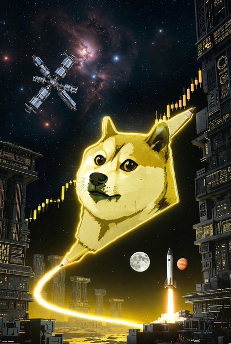 The image features a cartoon dog with yellow fur, standing out against a black background that includes buildings and stars. The dog appears to be flying through space, holding a pen as if writing or drawing something. In the bottom right corner of the image, there is text that reads "Dogecoin $DOGE". This suggests that the image might be related to cryptocurrency or digital art featuring a dog character with a pen in its mouth.