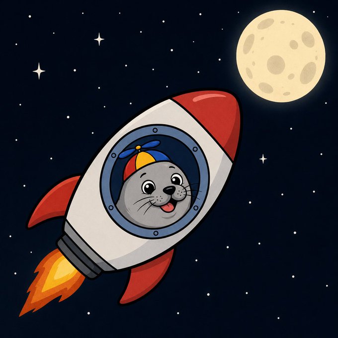 A cartoon seal wearing a propeller beanie peeks out of the window of a white and red rocket ship flying through a starry night sky, with a large cratered moon in the background.