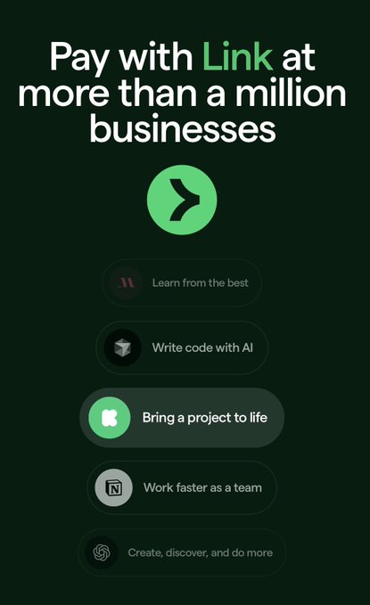 A dark green mobile screenshot displays the text "Pay with Link at more than a million businesses" with a green arrow icon, followed by a list of options including "Learn from the best," "Write code with AI," and "Bring a project to life." The post highlights how Chainlink's services utilize the $LINK token for payments, aligning with the image's emphasis on using Link as a payment method across various applications.