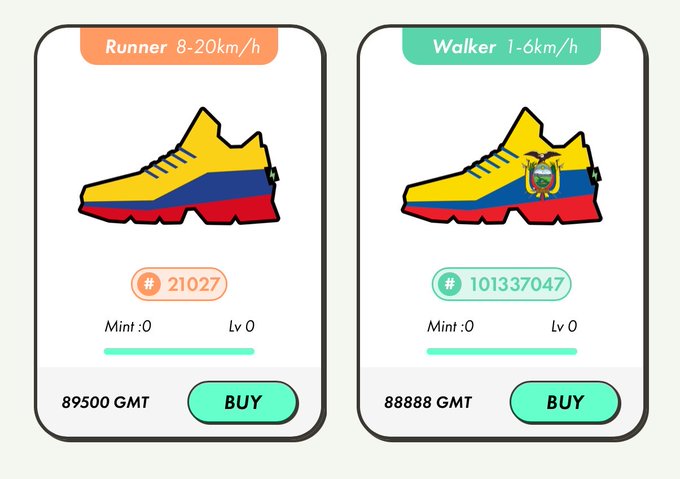 เรียนโส้งผำแม่ไปๅลง์๊ดใหม่เรื้างๆอน. The image is a comparison of two sneakers with different price tags and descriptions, one yellow and the other red and white, being displayed in a shopping app. There are also two buttons labeled 'StepN' and 'Buy', possibly indicating the number of steps taken to purchase the sneakers or proceed with the purchase.