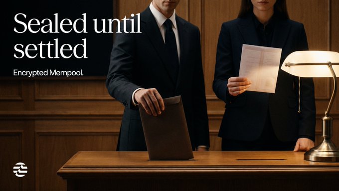 The image shows a man and woman standing at a desk, with the man holding an envelope or folder while the woman holds papers. The background features a wooden wall, which complements the overall theme of the image. The text "Sealed until settled" is written in black above them, indicating that their transaction has been sealed from submission to finality and no one can open it early. The post also mentions an "encrypted Mempool," suggesting that the transaction might be secure or protected by encryption technology.