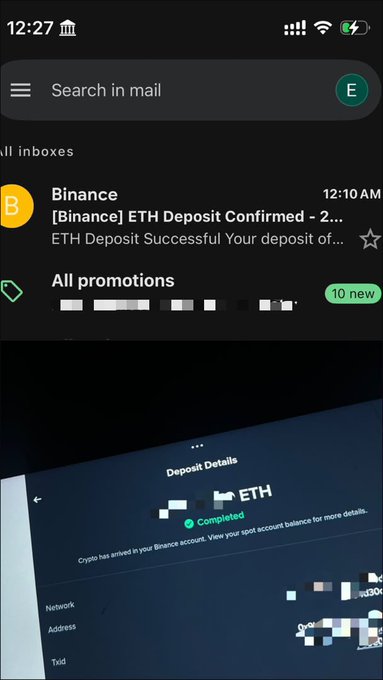 A smartphone email inbox showing a message from Binance titled '[Binance] ETH Deposit Confirmed - 2...' with a status of 'Completed' for the ETH deposit shown below.