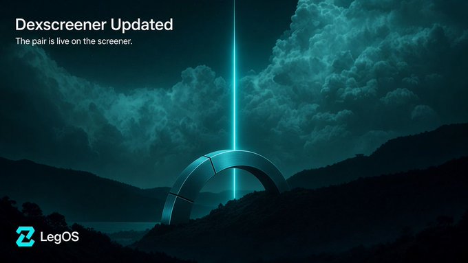 Promotional graphic with the text "Dexscreener Updated - The pair is live on the screener." alongside the LegOS logo, featuring a circular monument emitting a cyan beam over a mountainous landscape.