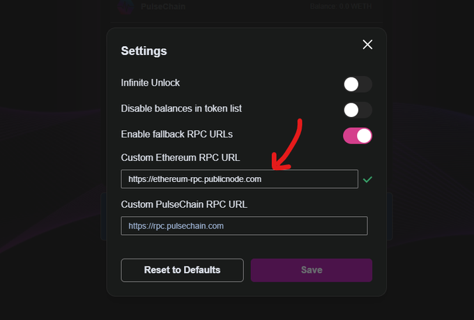 A settings menu for PulseChain wallet displays configuration options including "Custom Ethereum RPC URL" set to "https://ethereum-rpc.publicnode.com," with a red arrow pointing to it. This illustrates the post's solution, showing users where to update the default Ethereum RPC to an alternative URL to fix PulseChain bridge issues.