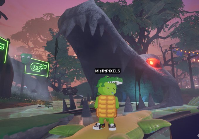 A screenshot from a virtual game world featuring a green alligator avatar labeled 'MisfitPIXELS' standing in a swampy area with a large crocodile monster in the background.