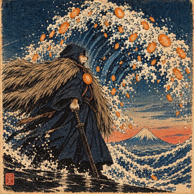 An illustration blending ukiyo-e and dark fantasy styles, showing a hooded figure with a sword and straw cape standing before a massive wave reminiscent of "The Great Wave off Kanagawa," with Mount Fuji and floating orange coins in the background.