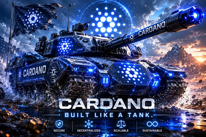This image features a digital illustration of a battle tank emblazoned with the "CARDANO" name and logo, reinforcing the claim that the platform is "built like a tank." Below the tank, the text highlights its core attributes: SECURE, DECENTRALIZED, SCALABLE, and SUSTAINABLE.